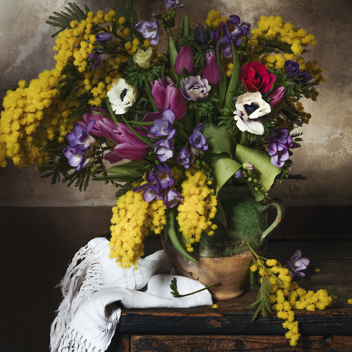 Still Life with Purple Tulips and Mimosa