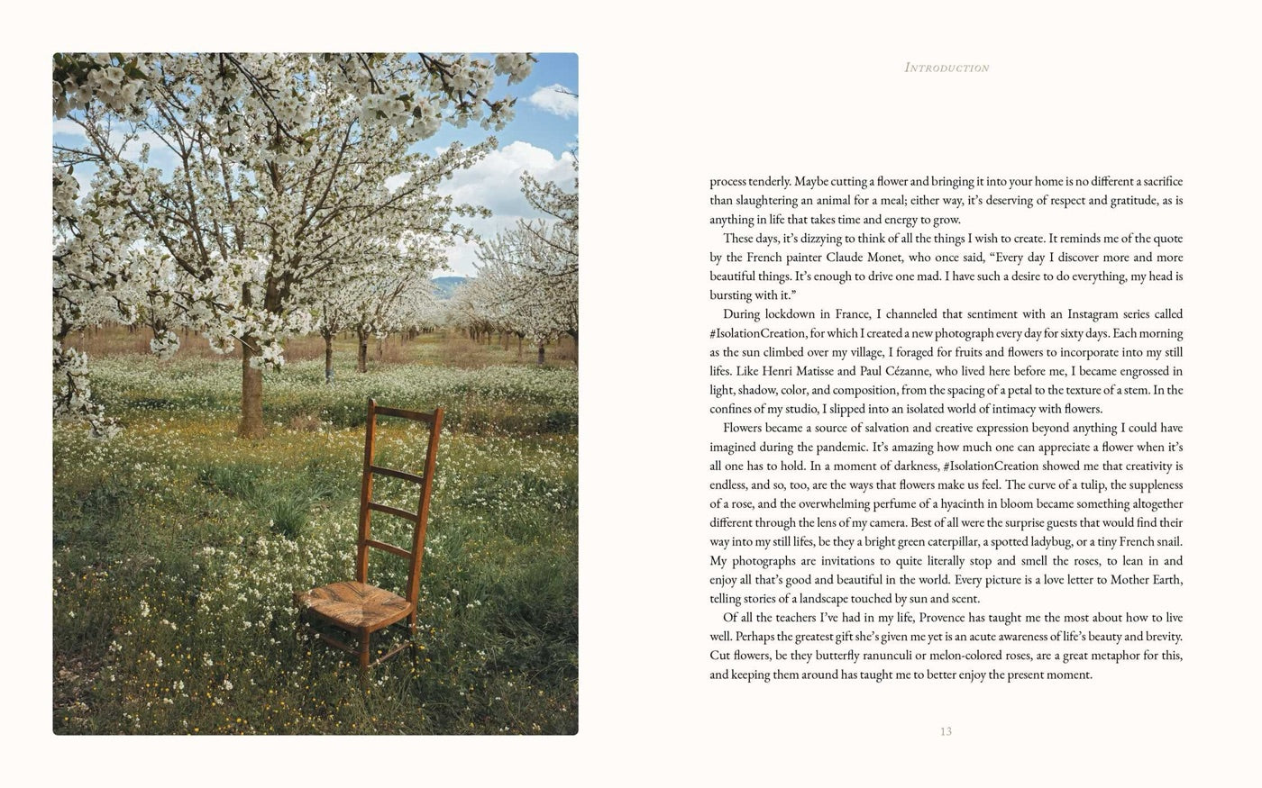 Book spread showing chair and orchard table in Provence