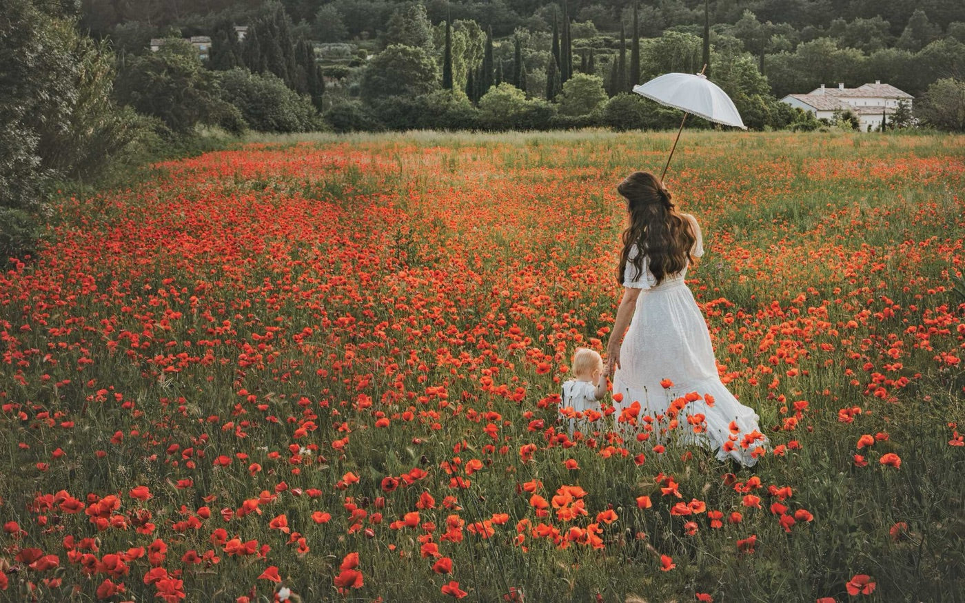Book spread showing poppy field with woman in white dress