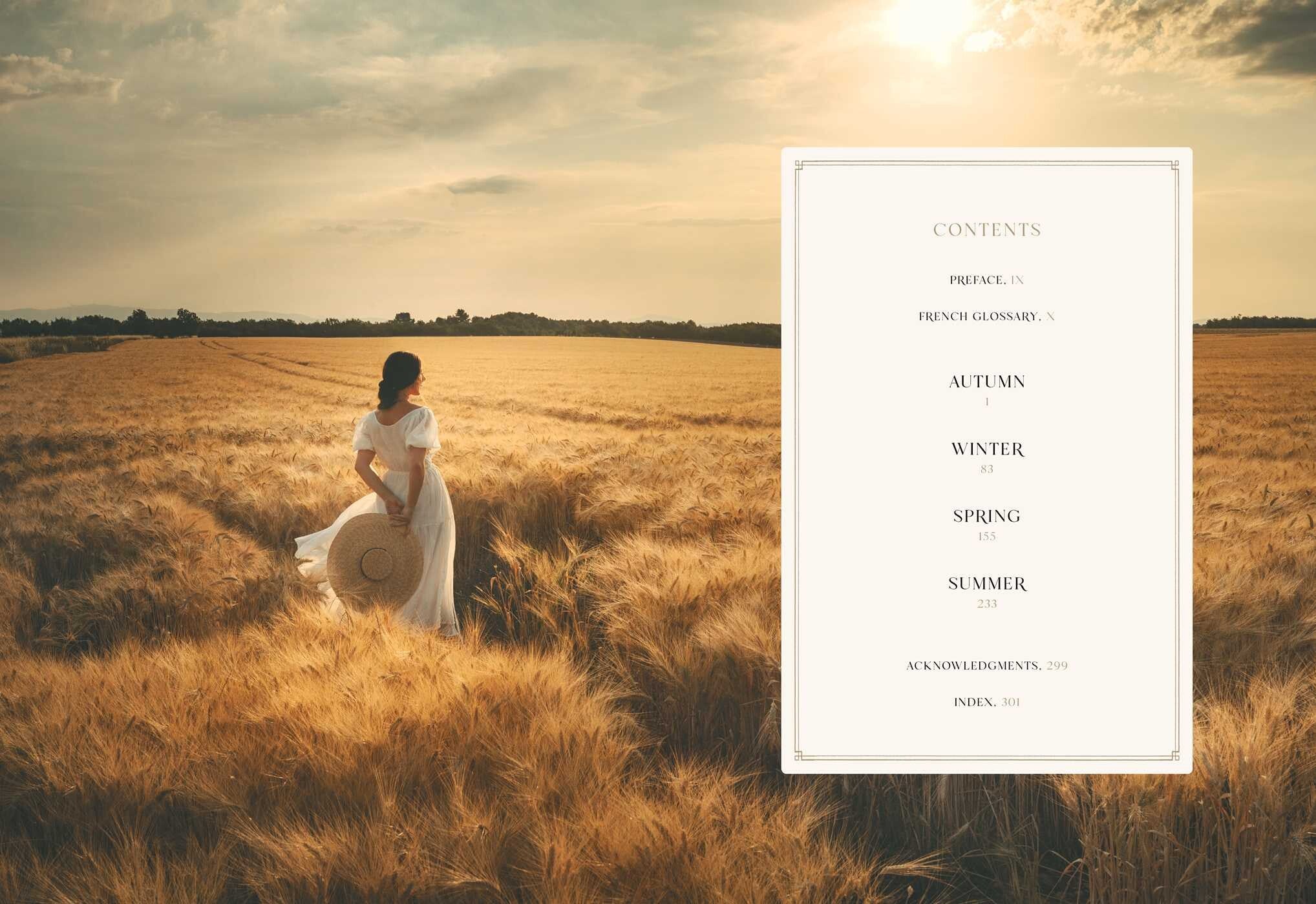 Book spread showing contents and golden wheat field