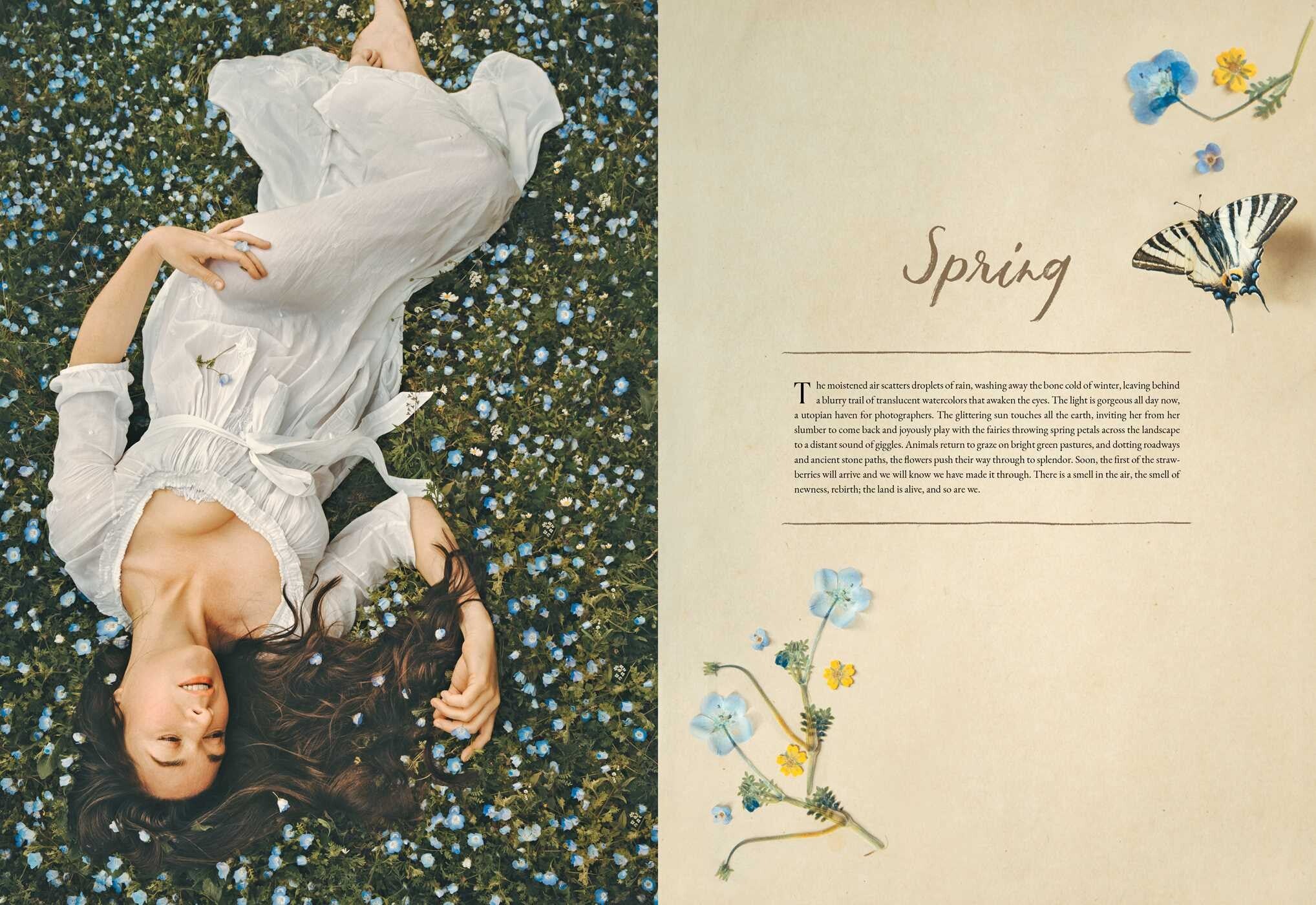 Woman resting in flower meadow with spring calligraphy